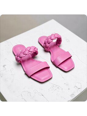 Braided Strap Pink Flat Sandals For Women Comfortable Square Toe Slip-On Design